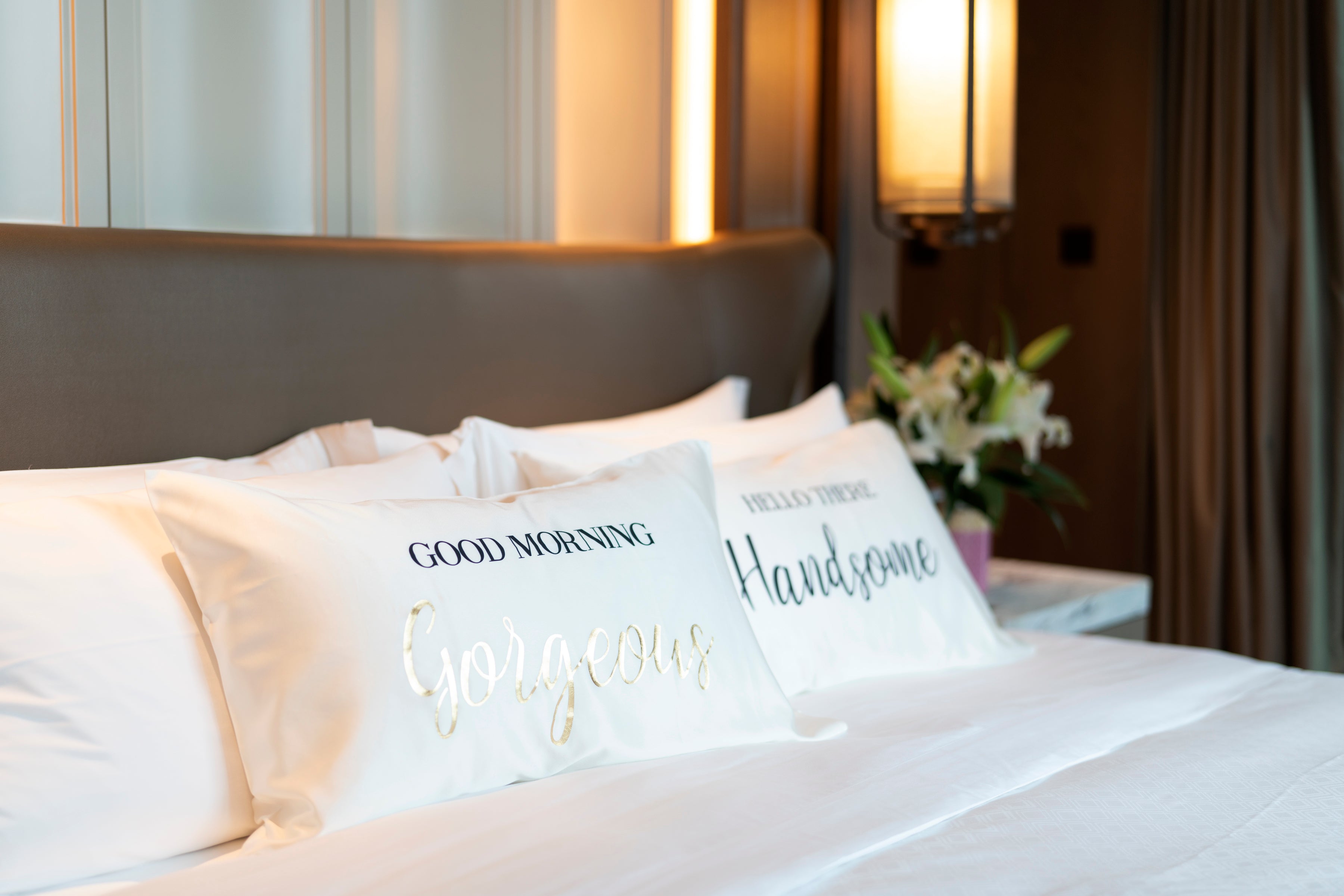 Shiraleah Set Of 2 "Good Morning Gorgeous / Hello There Handsome" Standard Pillow Cases,Ivory - FINAL SALE ONLY