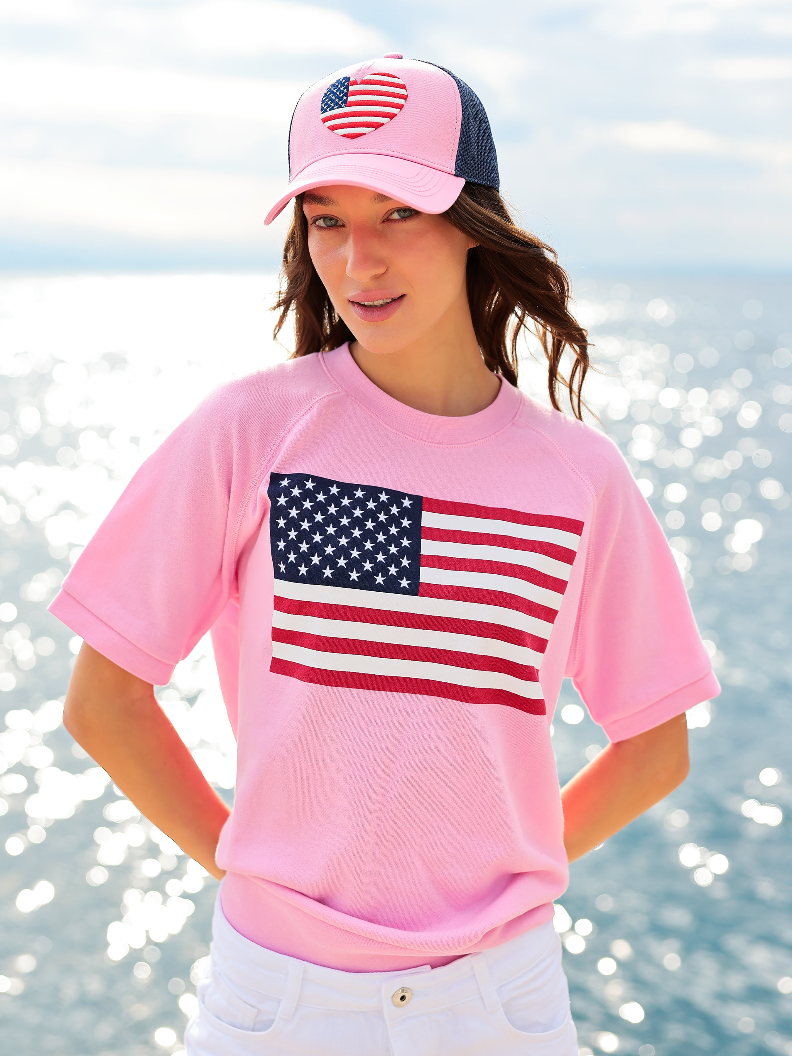 Shiraleah Flag Lightweight Short Sleeve Sweatshirt, Pink