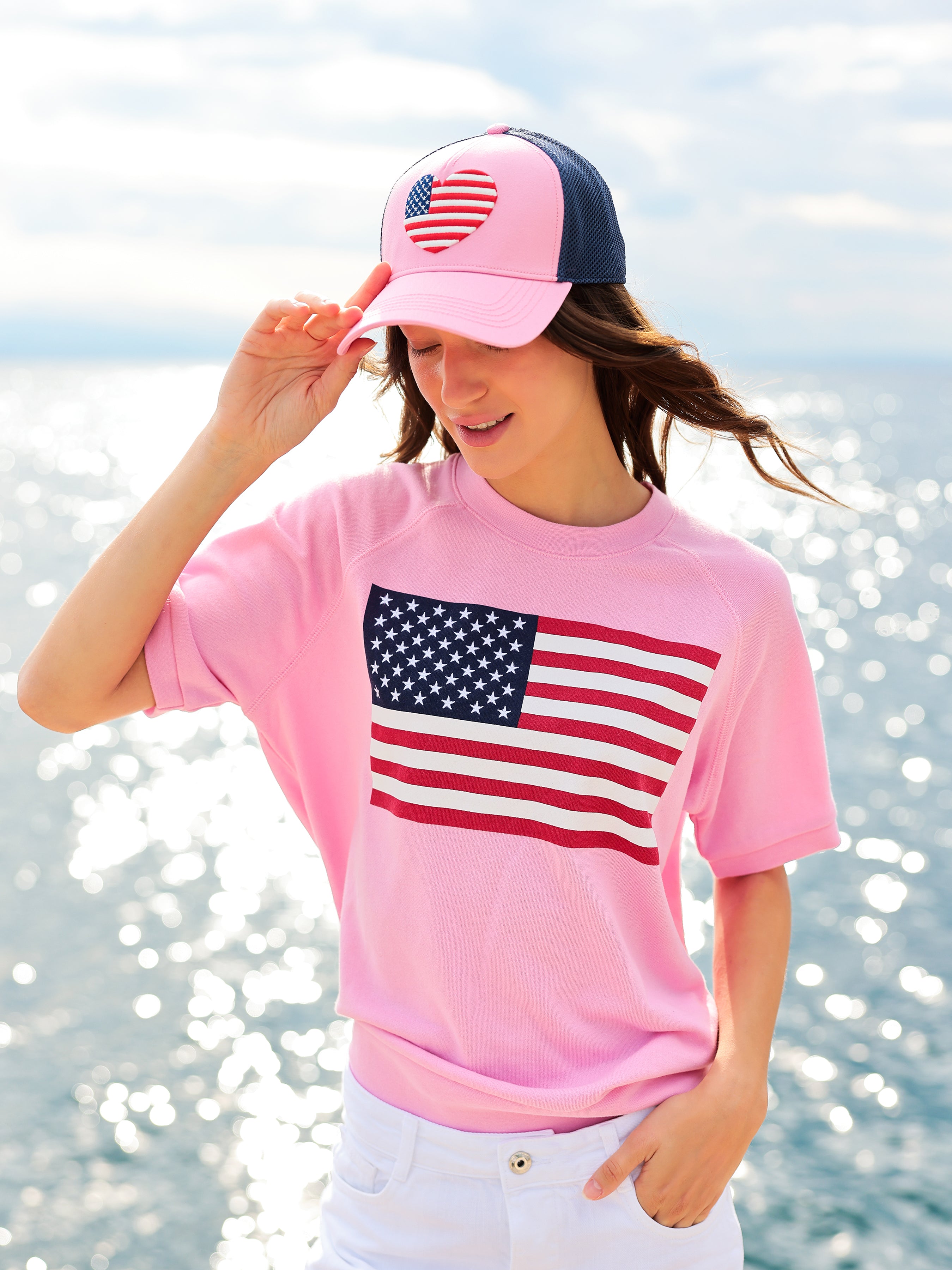 Shiraleah Flag Lightweight Short Sleeve Sweatshirt, Pink