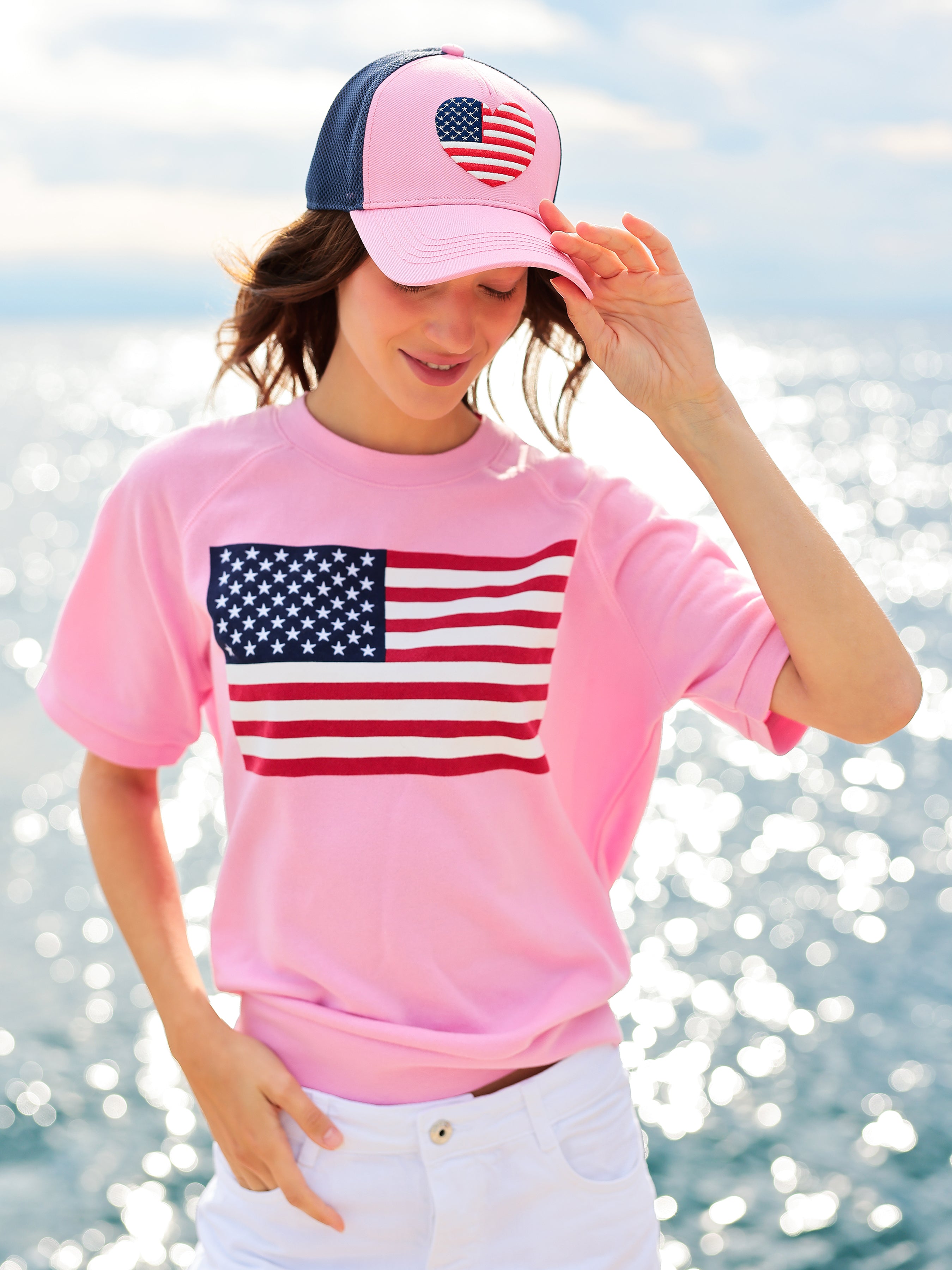 Shiraleah Flag Lightweight Short Sleeve Sweatshirt, Pink