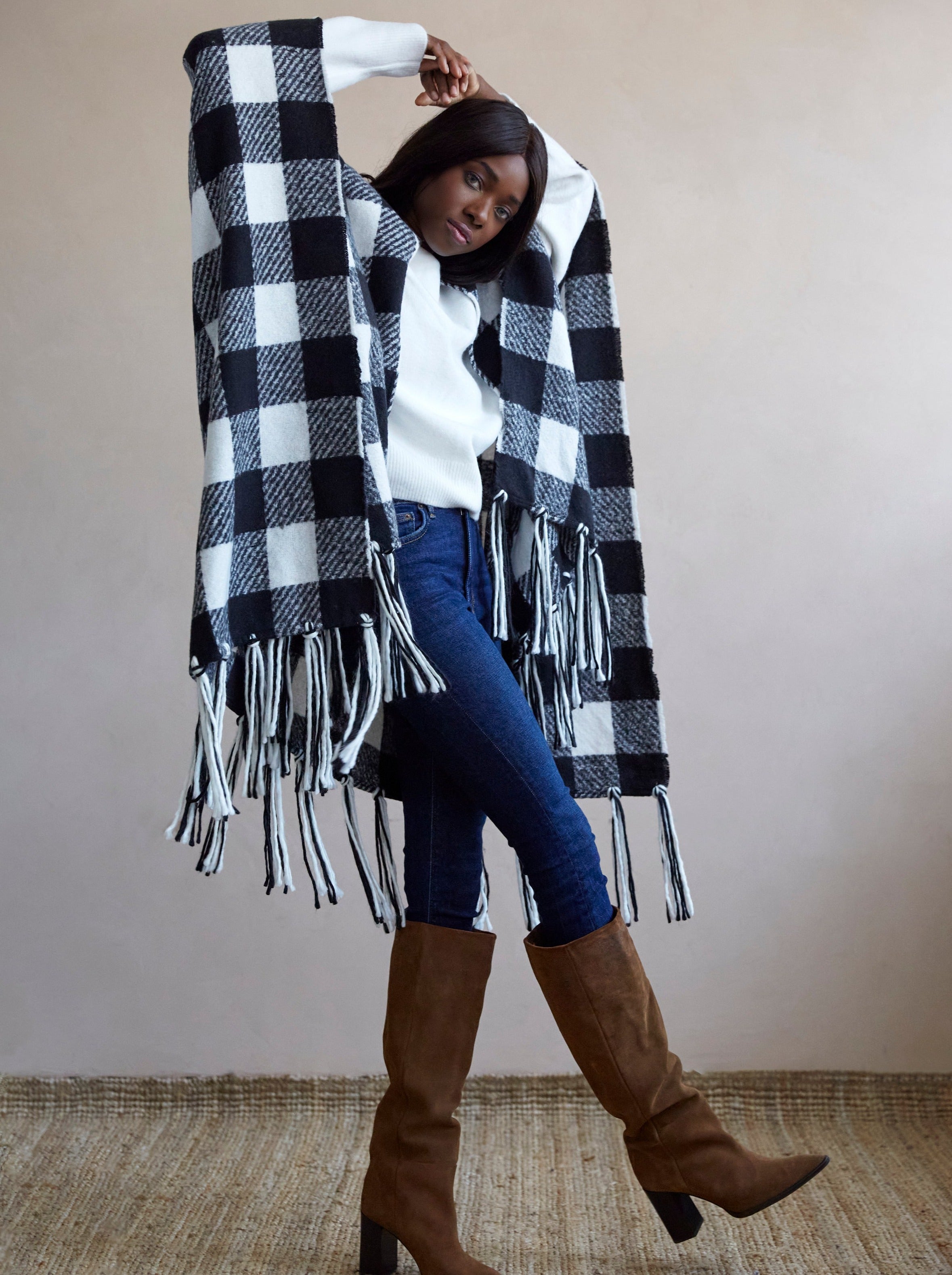 Shiraleah Beltran Plaid Cape, Black and White